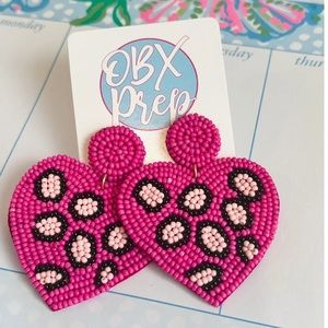 Leopard Heart Drop Seed Beaded Earrings Pink